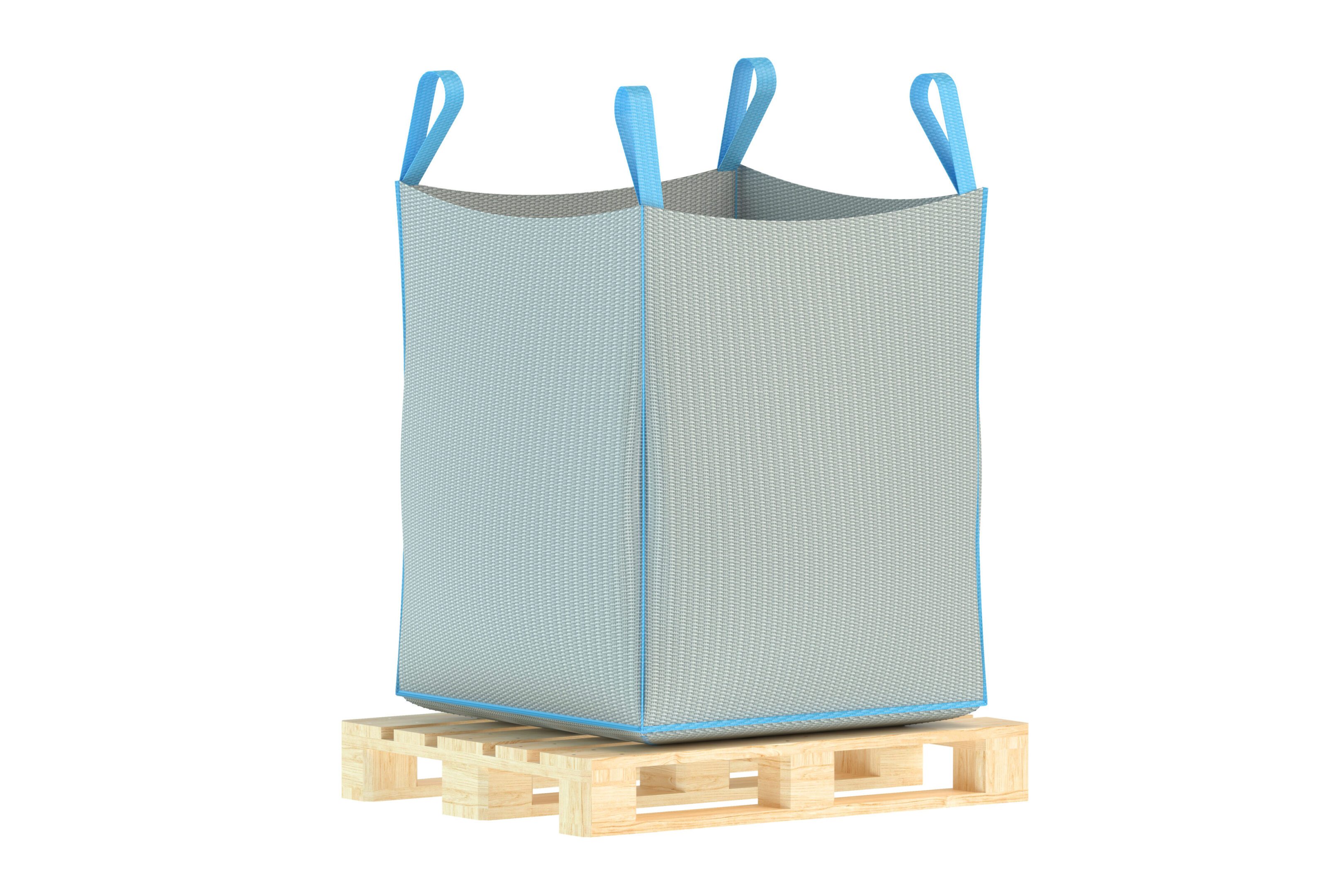 A blue bag sitting on top of a wooden pallet.